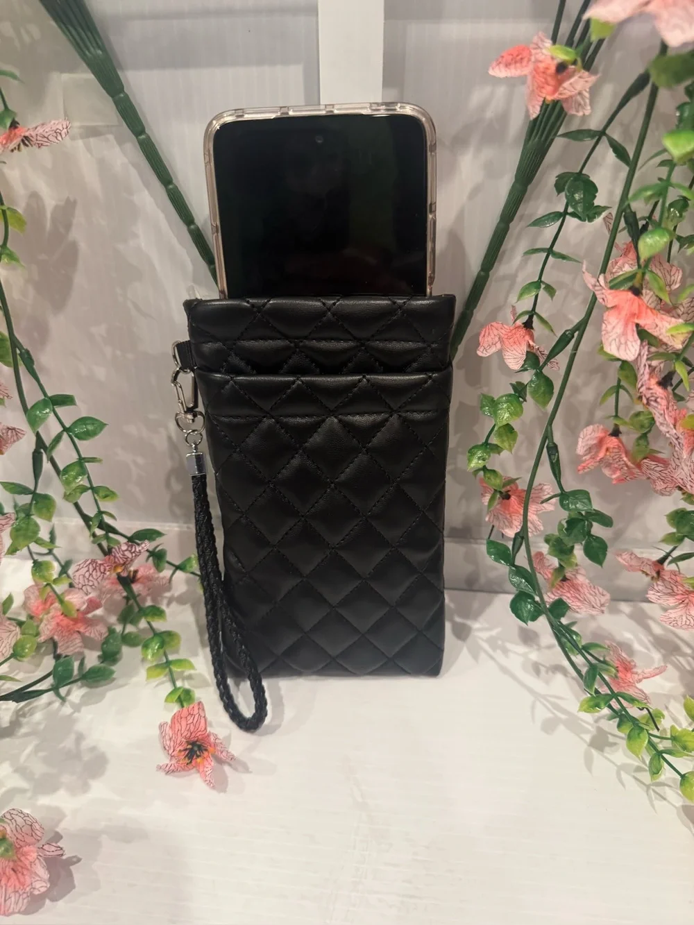 Black Quilted Wristlet Phone Pouch - Universal Cell Phone Case